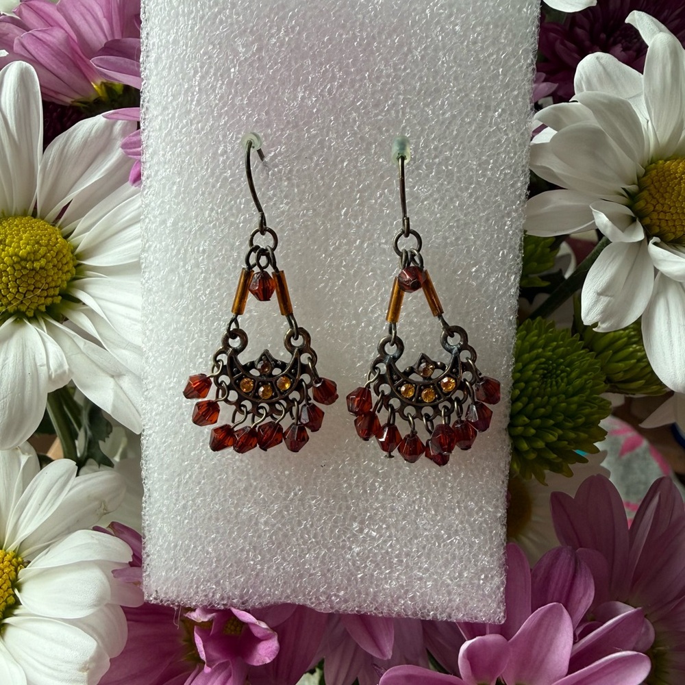 Vintage Amber Crystal Bead Dangle Pierced Chandelier Earrings